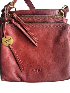 Margot New York Genuine Leather Double Zip Crossbody Bag Burgundy NWOT